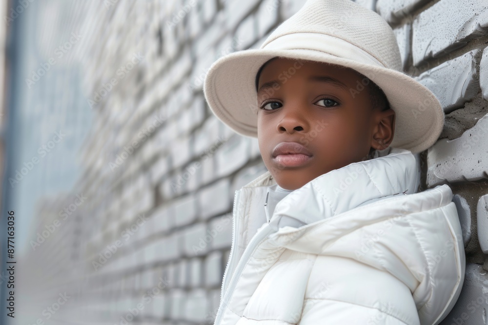Stylish cool African American boy wearing fashionable white jacket and hat, fashion supermodel kid Stylish cool African American boy wearing fashionable white jacket and hat, fashion supermodel kid