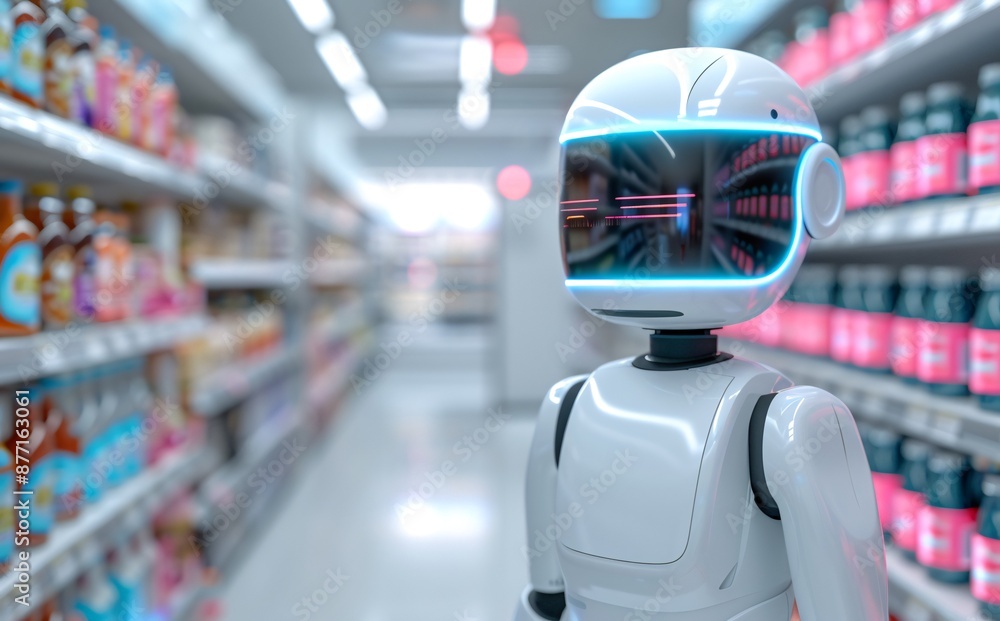 Fototapeta premium Futuristic Robot Shopping In a Modern Supermarket, Exploring Aisles of Grocery Items