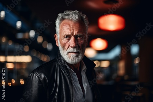 Portrait of a handsome senior man with gray beard and mustache wearing a leather jacket.