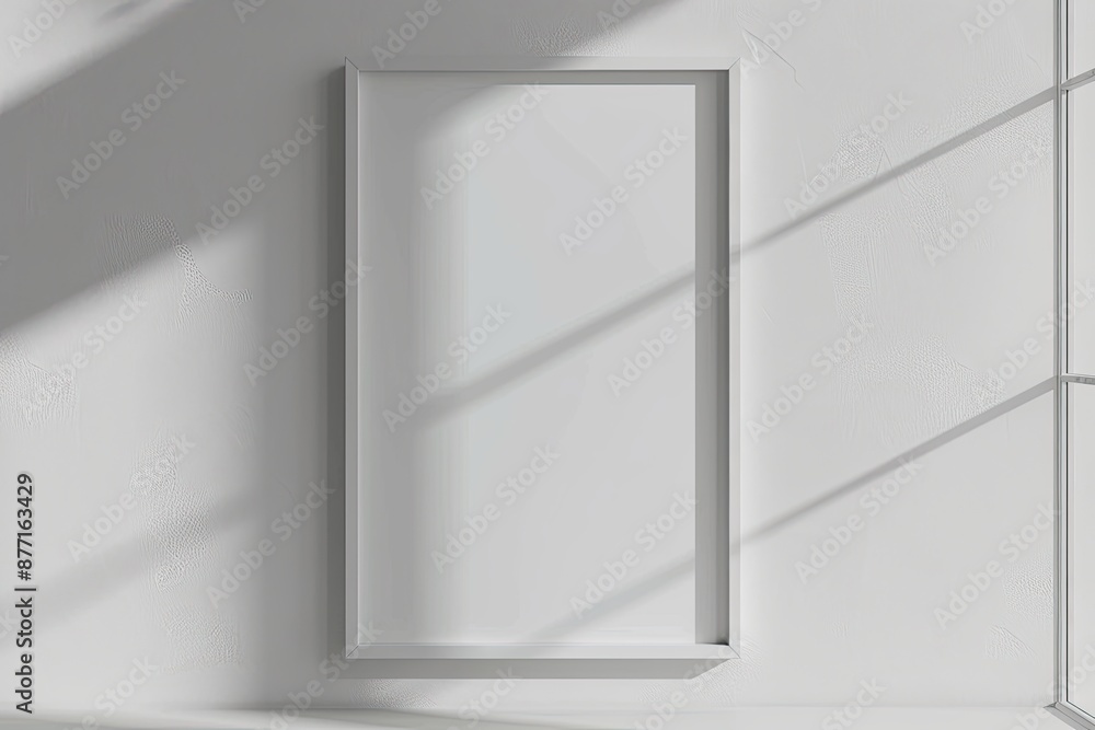 White rectangular vertical frame hanging on a white wall mockup. Clear design mock up template reflection, shadow overlay White rectangular vertical frame hanging on a white wall mockup. Clear design mock up template reflection, shadow overlay