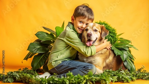 a boy and his dog sitting in a green area photo