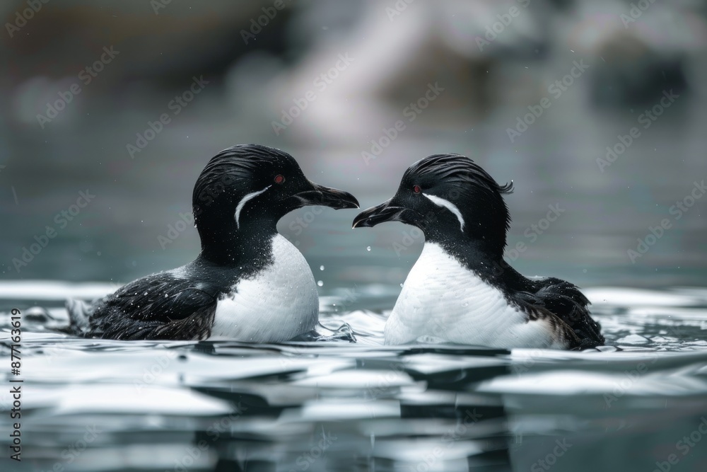 Fototapeta premium two pigeon guillemot face to face in the water at the old fisherman's pier