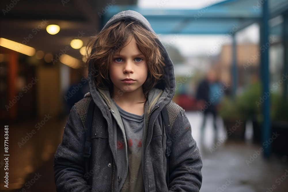 Portrait of a boy in a coat and hood on the street Portrait of a boy in a coat and hood on the street