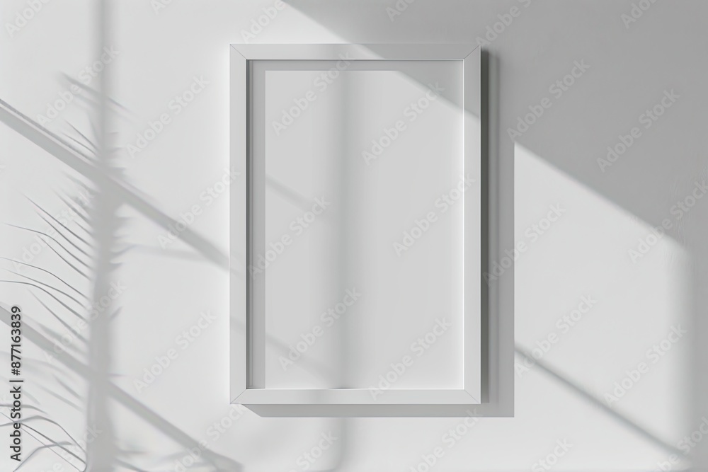 White rectangular vertical frame hanging on a white wall mockup. Clear design mock up template reflection, shadow overlay White rectangular vertical frame hanging on a white wall mockup. Clear design mock up template reflection, shadow overlay
