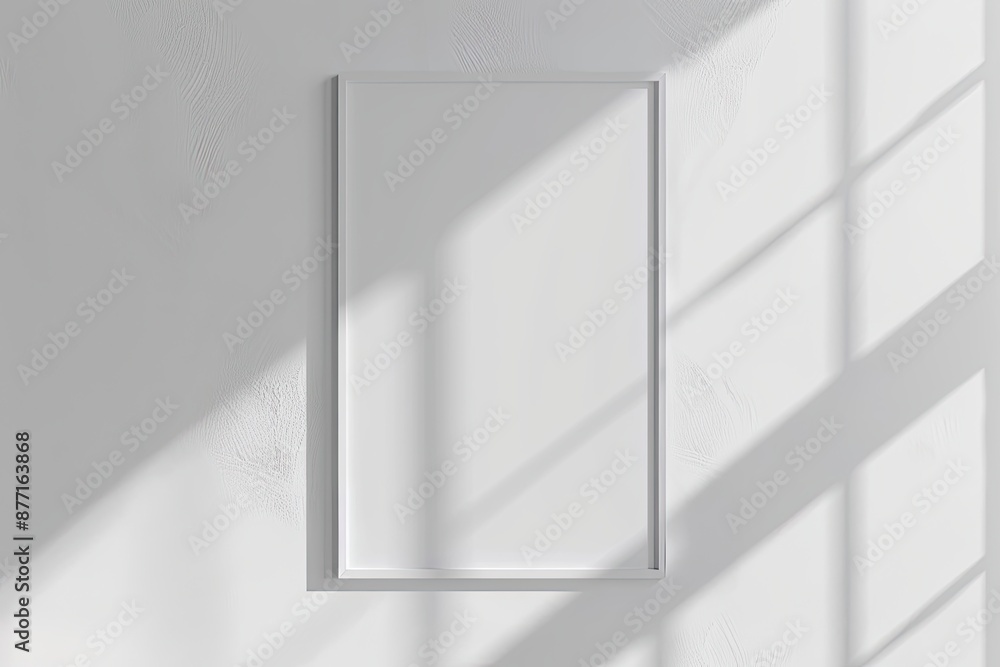White rectangular vertical frame hanging on a white wall mockup. Clear design mock up template reflection, shadow overlay White rectangular vertical frame hanging on a white wall mockup. Clear design mock up template reflection, shadow overlay