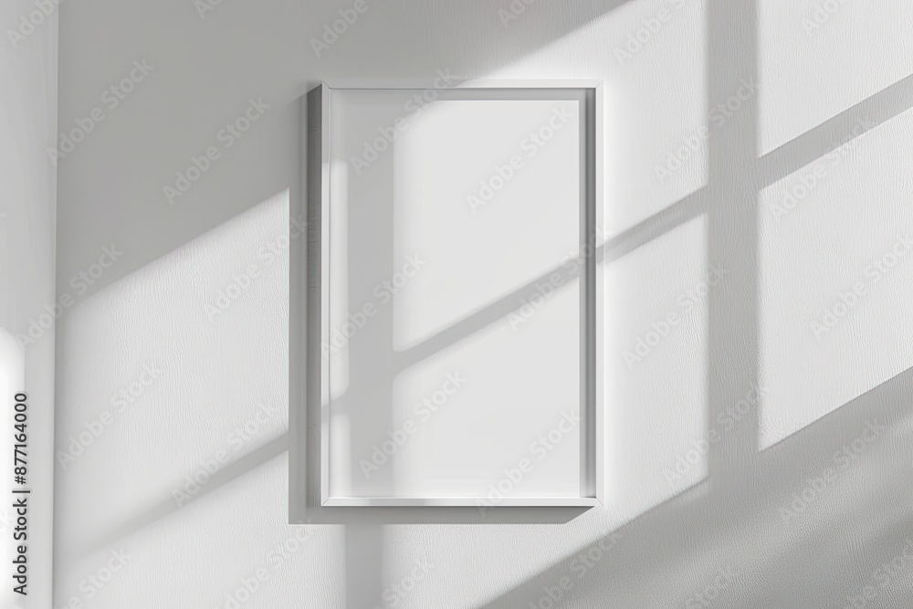 White rectangular vertical frame hanging on a white wall mockup. Clear design mock up template reflection, shadow overlay White rectangular vertical frame hanging on a white wall mockup. Clear design mock up template reflection, shadow overlay
