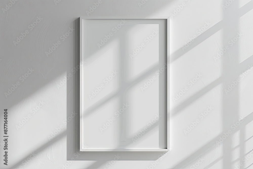 White rectangular vertical frame hanging on a white wall mockup. Clear design mock up template reflection, shadow overlay White rectangular vertical frame hanging on a white wall mockup. Clear design mock up template reflection, shadow overlay