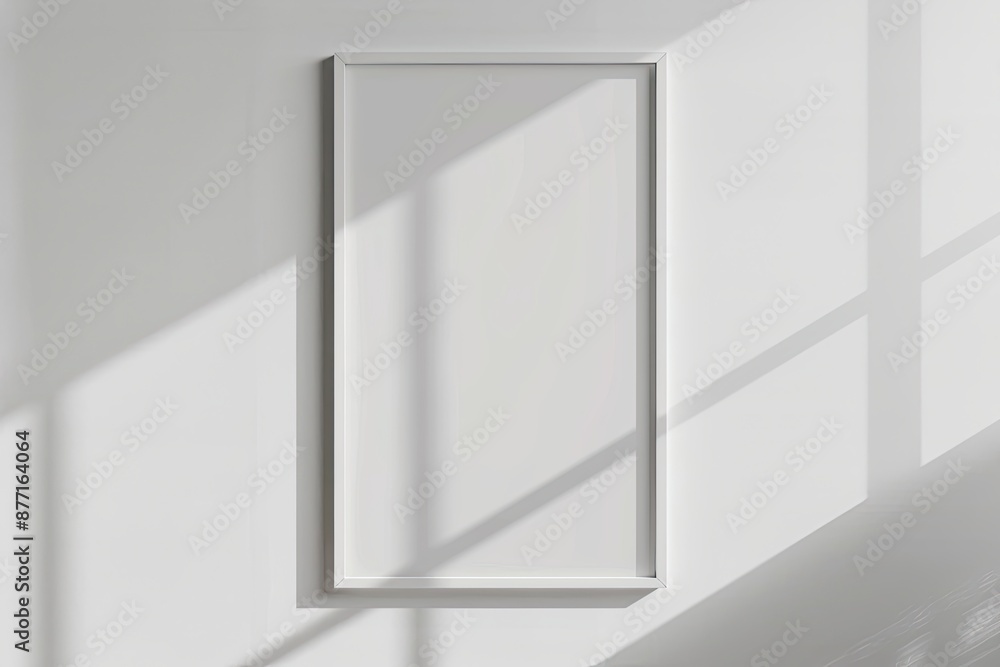 White rectangular vertical frame hanging on a white wall mockup. Clear design mock up template reflection, shadow overlay White rectangular vertical frame hanging on a white wall mockup. Clear design mock up template reflection, shadow overlay