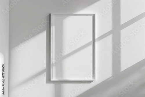 White rectangular vertical frame hanging on a white wall mockup. Clear design mock up template reflection, shadow overlay