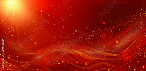 Golden waves on dark red background in abstract design, Chinese traditional ornate red and gold lines shiny light background