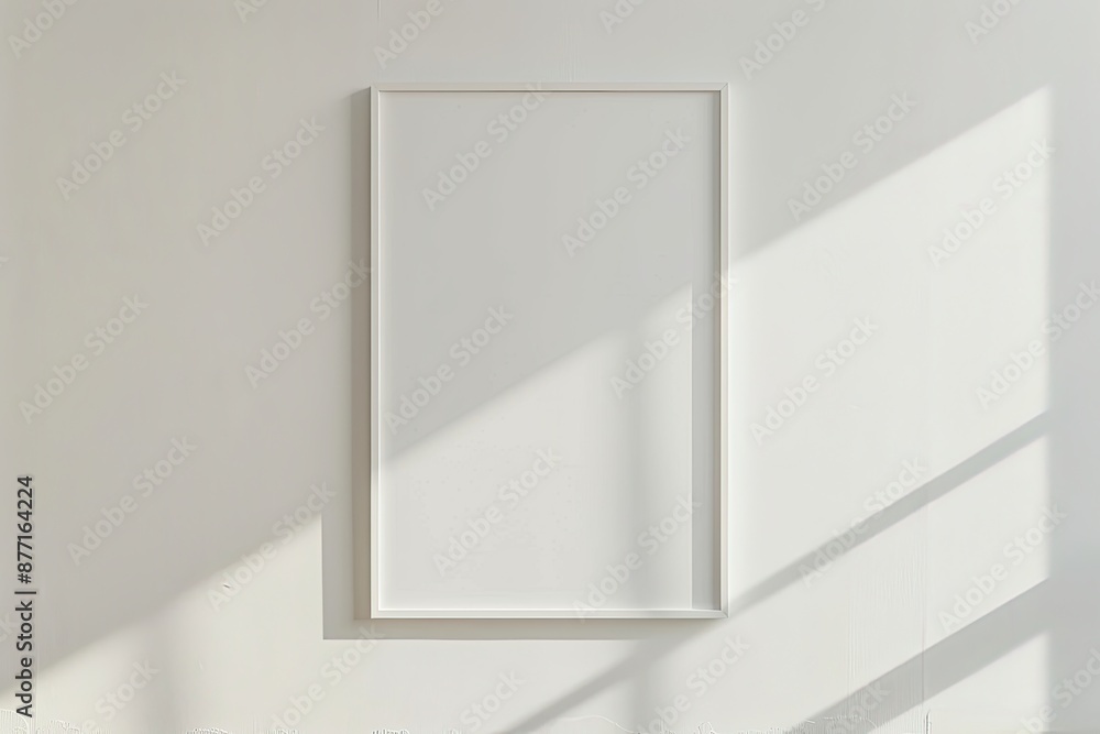 White rectangular vertical frame hanging on a white wall mockup. Clear design mock up template reflection, shadow overlay White rectangular vertical frame hanging on a white wall mockup. Clear design mock up template reflection, shadow overlay