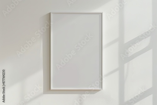 White rectangular vertical frame hanging on a white wall mockup. Clear design mock up template reflection, shadow overlay