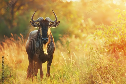 view of black wildebeest or white-tailed gnu (Connochaetes gnou) standing in the african bush veld