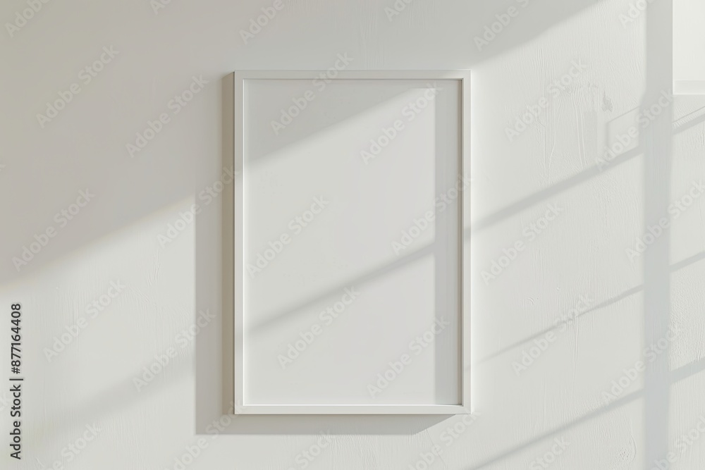 White rectangular vertical frame hanging on a white wall mockup. Clear design mock up template reflection, shadow overlay White rectangular vertical frame hanging on a white wall mockup. Clear design mock up template reflection, shadow overlay