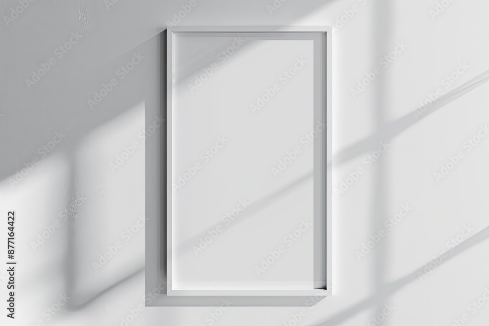 White rectangular vertical frame hanging on a white wall mockup. Clear design mock up template reflection, shadow overlay White rectangular vertical frame hanging on a white wall mockup. Clear design mock up template reflection, shadow overlay