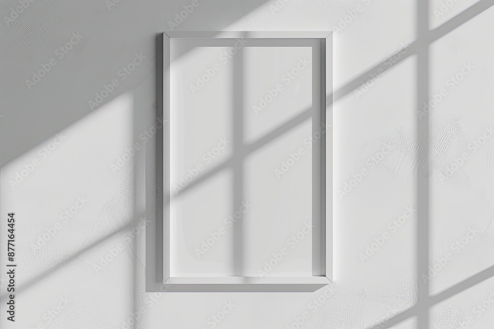 White rectangular vertical frame hanging on a white wall mockup. Clear design mock up template reflection, shadow overlay White rectangular vertical frame hanging on a white wall mockup. Clear design mock up template reflection, shadow overlay