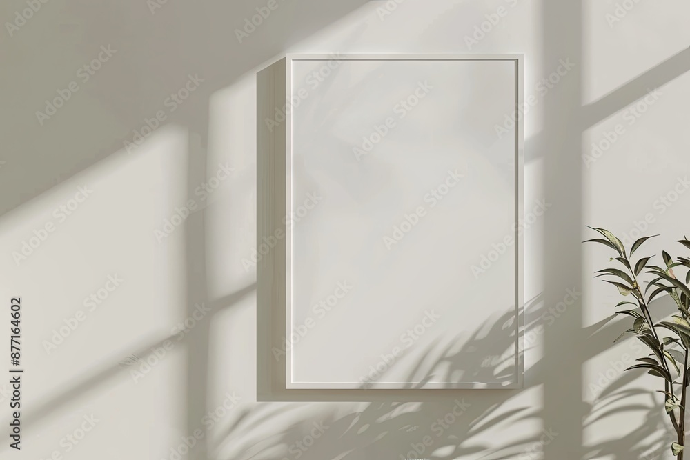 White rectangular vertical frame hanging on a white wall mockup. Clear design mock up template reflection, shadow overlay White rectangular vertical frame hanging on a white wall mockup. Clear design mock up template reflection, shadow overlay