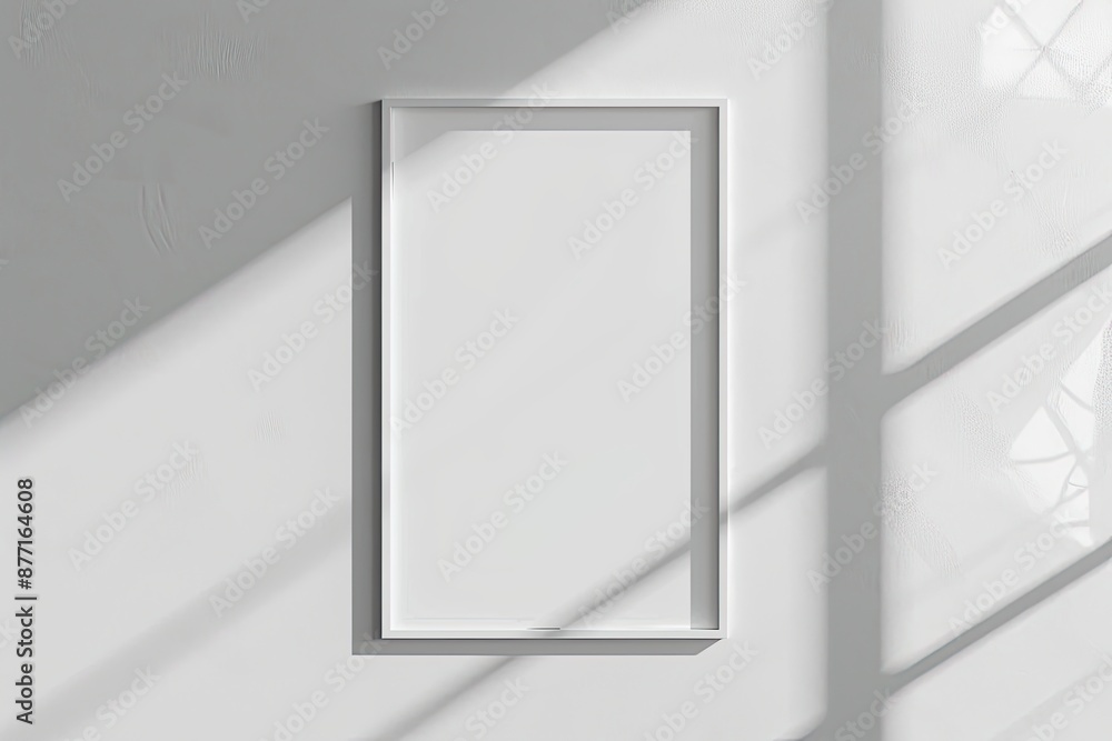 White rectangular vertical frame hanging on a white wall mockup. Clear design mock up template reflection, shadow overlay White rectangular vertical frame hanging on a white wall mockup. Clear design mock up template reflection, shadow overlay