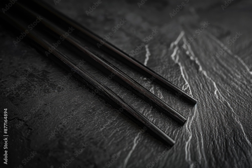 A pair of chopsticks placed on a dark-colored table, suitable for use in Asian-themed settings or as a prop A pair of chopsticks placed on a dark-colored table, suitable for use in Asian-themed settings or as a prop