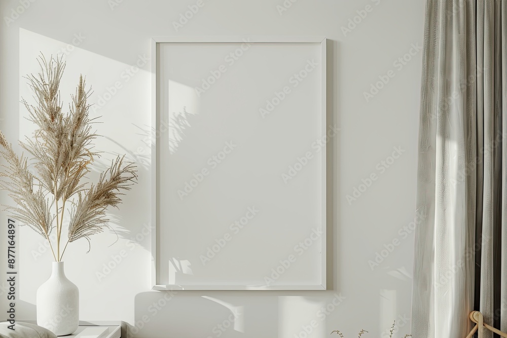 Fototapeta premium White rectangular vertical frame hanging on a white wall mockup. Clear design mock up template reflection, shadow overlay