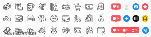 Payment, Online payment and Euro currency line icons pack. Social media icons. Report, Survey checklist, Buy car web icon. Fraud, Calendar, Gift card pictogram. Vector