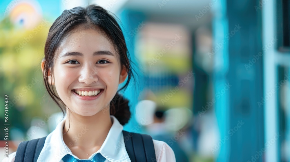 A smiling student in a school uniform with a blurred background of a school campus. A smiling student in a school uniform with a blurred background of a school campus.