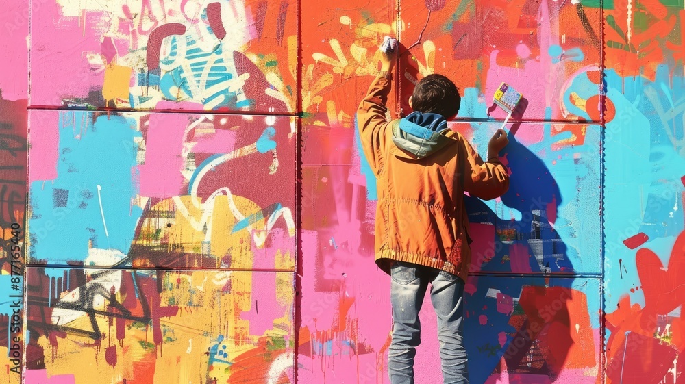 A student painting a colorful mural on a school wall. A student painting a colorful mural on a school wall.