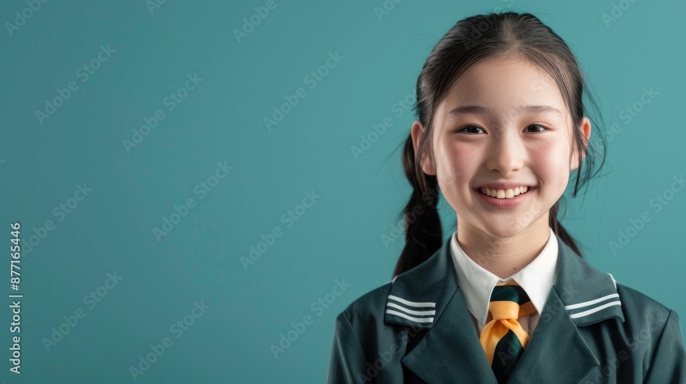 A student wearing a school uniform and smiling against a plain background. A student wearing a school uniform and smiling against a plain background.