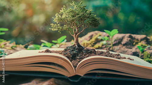 Concept of learning and wisdom expansion with open book showing a tree sprouting from it on nature backdrop.