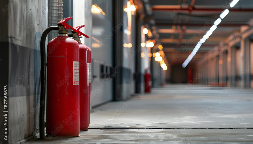 Three red fire extinguishers in hall. Space for text Three red fire extinguishers in hall. Space for text