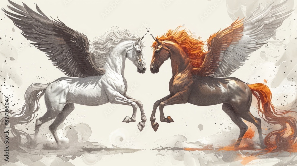 Two winged horses on white background, one white and one brown, rear on ...