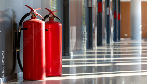 Wallpaper Mural Three red fire extinguishers in hall. Space for text Torontodigital.ca