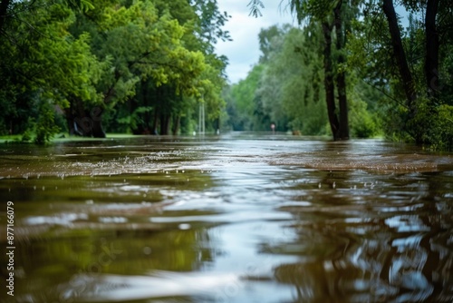 A forested area engulfed by high floodwaters, the image shows a calm yet steady flow of muddy water amidst dense greenery, signifying the impact of heavy rainfall