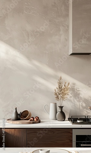 kitchen wall with light gray microcement texture, white marble countertop, beige cabinets, vase of dried flowers, sunlight creating beautiful shadows, simple yet elegant luxury interior design