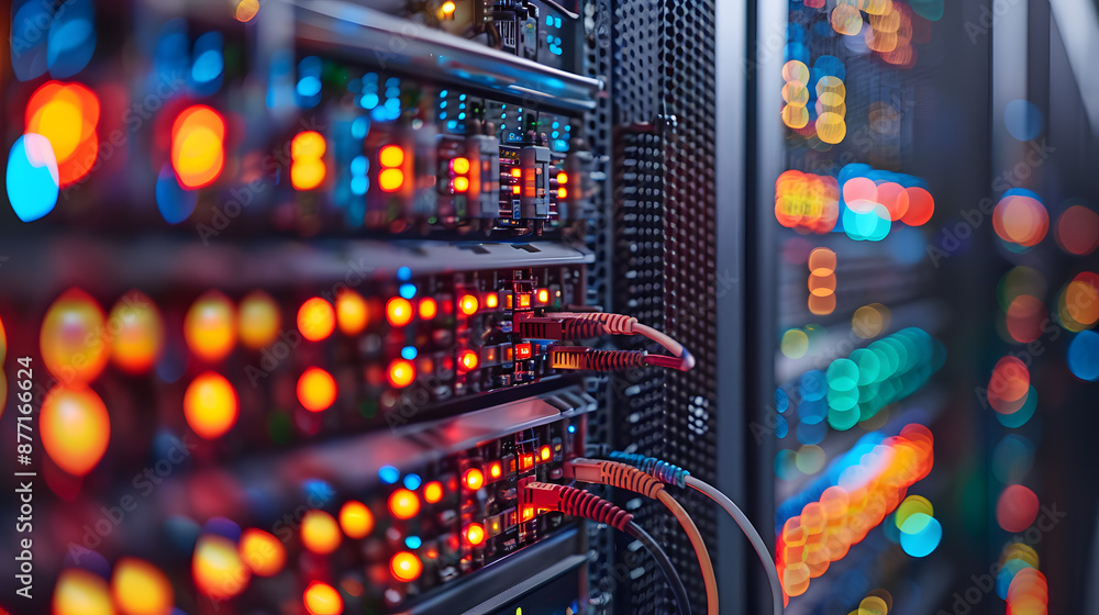 Close-up of an illuminated server rack in a data center, showcasing network equipment and colorful status lights. Close-up of an illuminated server rack in a data center, showcasing network equipment and colorful status lights.