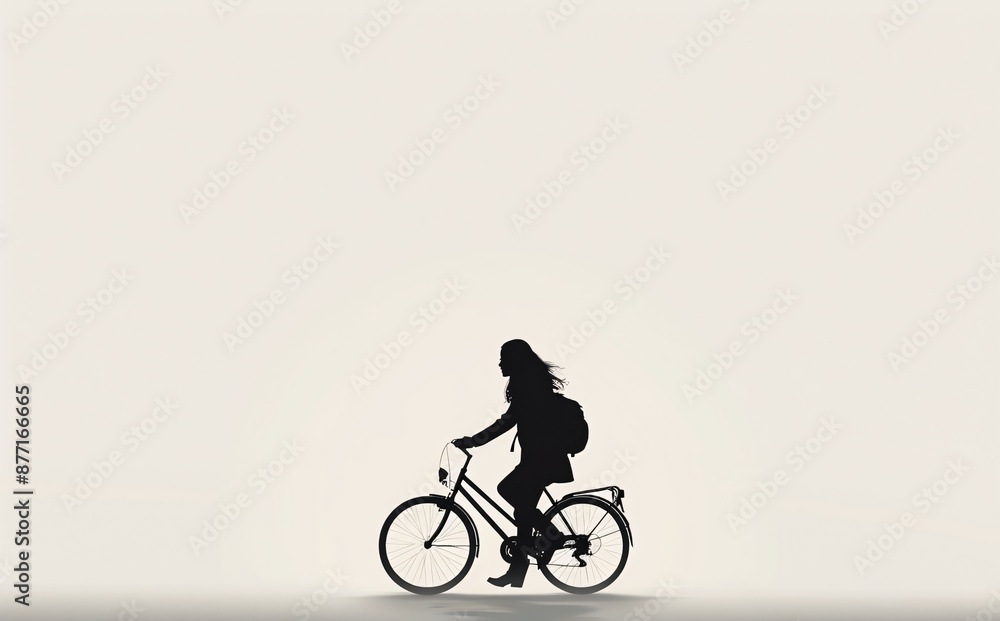 Obraz premium Silhouette of a Young Woman Riding a Bicycle with Backpack in Minimalistic Setting