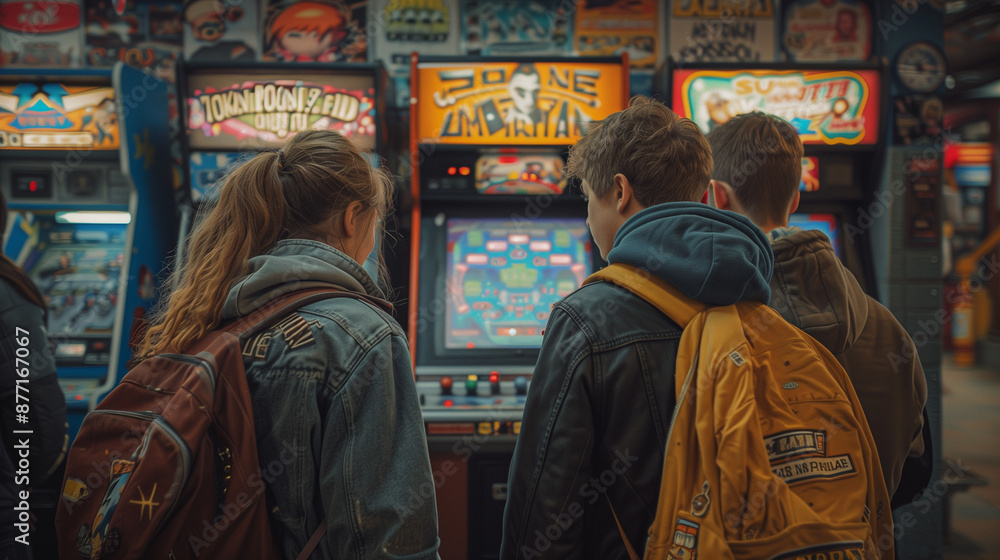 Fototapeta premium Groupe d'adolescents et de préadolescents jouant ensemble à des bornes dans une salle d'arcade, nostalgie des 90's