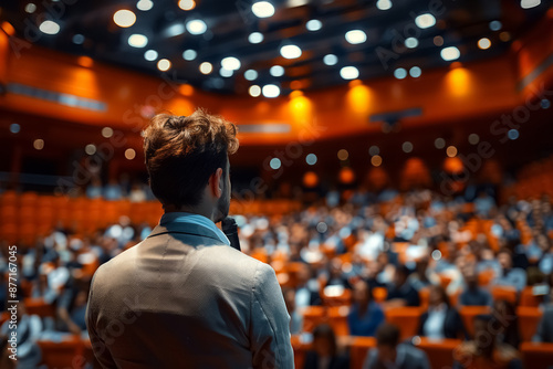 Speaker addressing a large audience in a conference hall, under bright lights. Professional event or seminar with engaged attendees. © GenBy