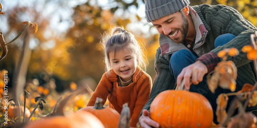 Family with small kids having much fun in pumpkin patch. Happy family at farm picking pumpkins for Halloween or Thanksgiving Day. photo