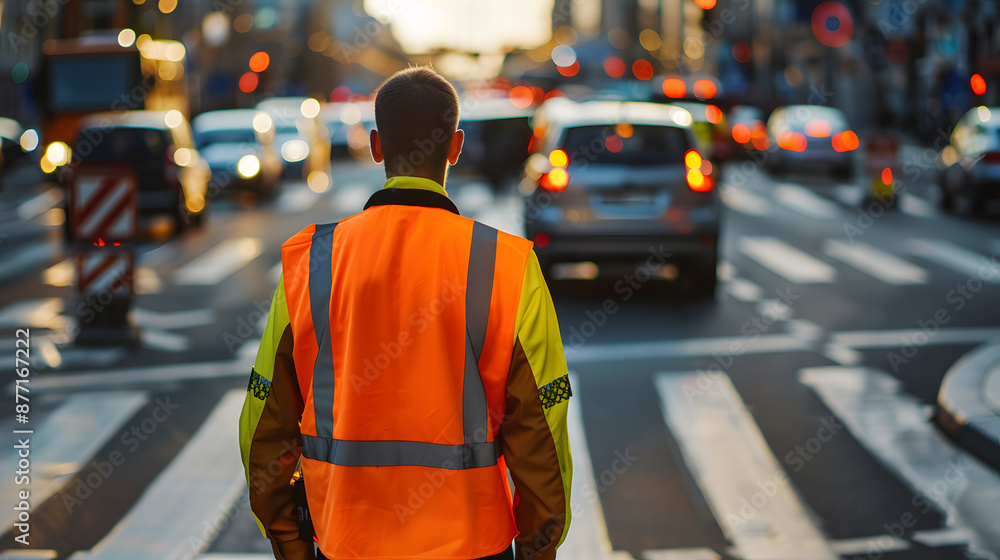 Traffic controller in high-visibility vest oversees busy urban street at sunset. Ensuring safety amidst bustling city traffic. Traffic controller in high-visibility vest oversees busy urban street at sunset. Ensuring safety amidst bustling city traffic.