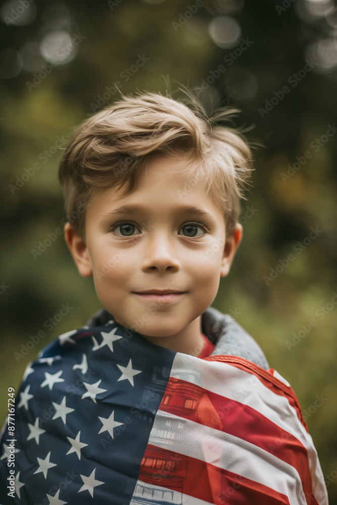 Cute little child on a backdrop of American flag. Kid holding USA flag. Celebrating Independence day in United States. Cute little child on a backdrop of American flag. Kid holding USA flag. Celebrating Independence day in United States.