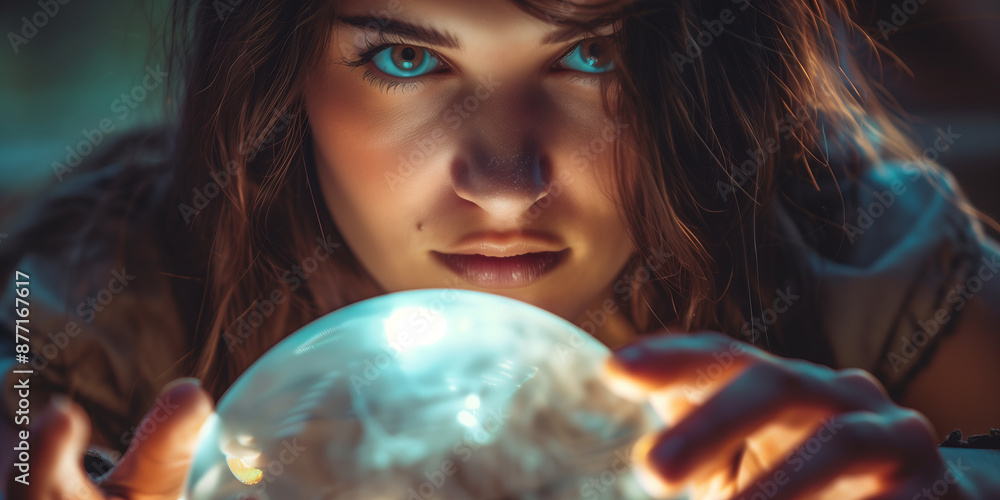 Naklejka premium Fortune teller predicting the future with a clairvoyant crystal ball. Mysterious psychic woman looking at glowing magical glass sphere.