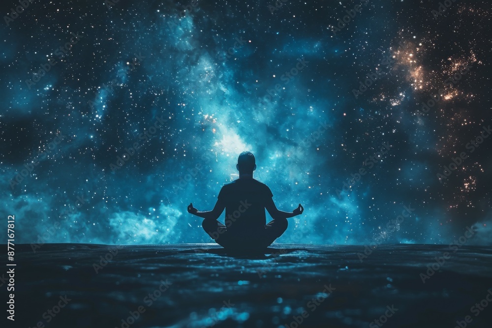 Person meditating under starry sky Person meditating under starry sky