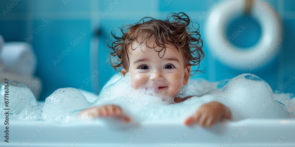 Happy baby playing in a white bathtub. Infant washing in foam in the bathroom. Happy baby playing in a white bathtub. Infant washing in foam in the bathroom.