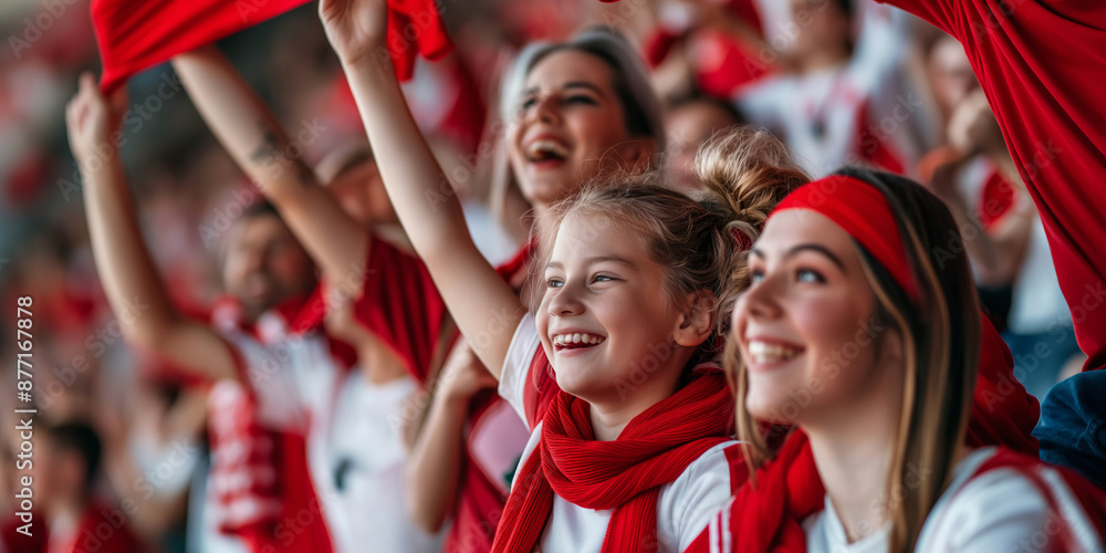 Fototapeta premium Excited sports fans wearing red and white clothes celebrating the victory of their team. People chanting and cheering for their soccer team. Family watching football match.