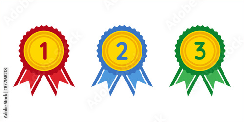 Colors medals, awards, ribbons for first, second, third place with sharp edges. Isolated on transparent background