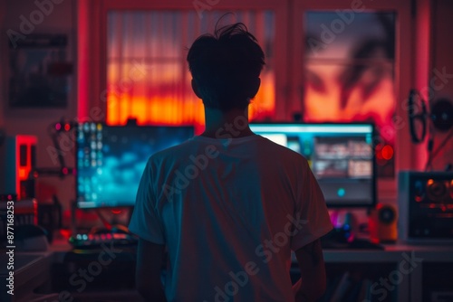 Back view of a gamer in a dimly-lit room with neon lights