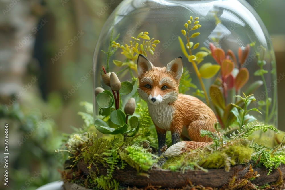 Naklejka premium Miniature Fox Under Glass Dome