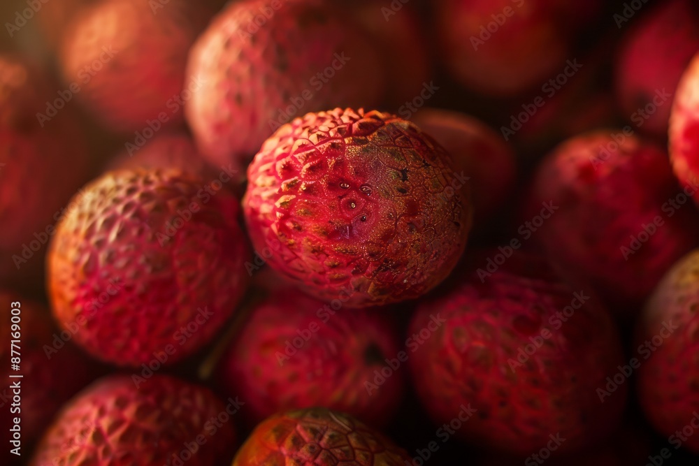 A close-up of a pile of lychees, showcasing their rough, red skin and juicy interior A close-up of a pile of lychees, showcasing their rough, red skin and juicy interior