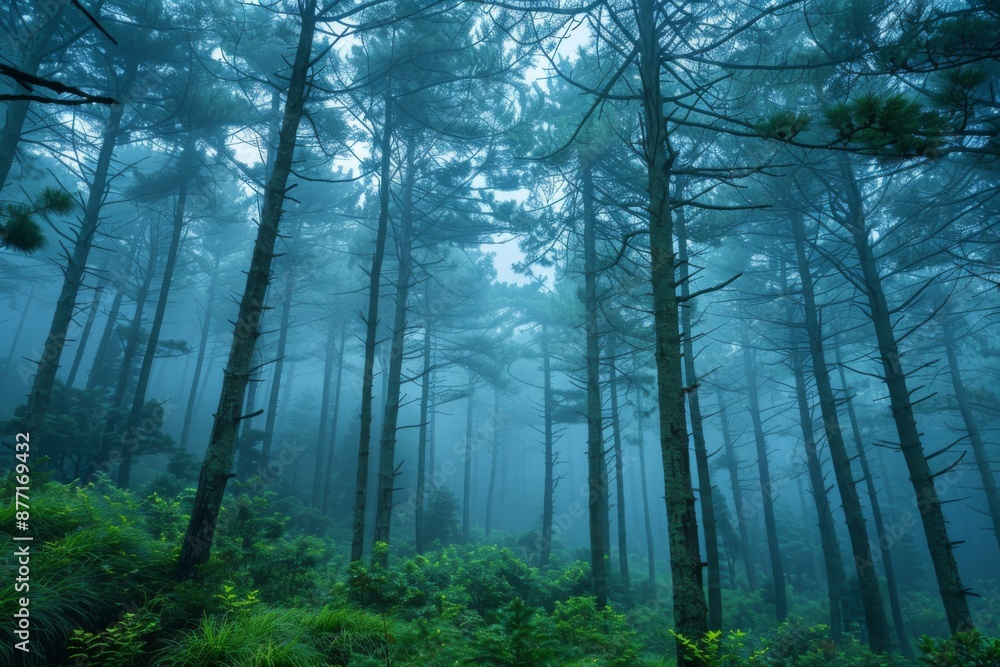 Fototapeta premium Misty Pine Forest Morning
